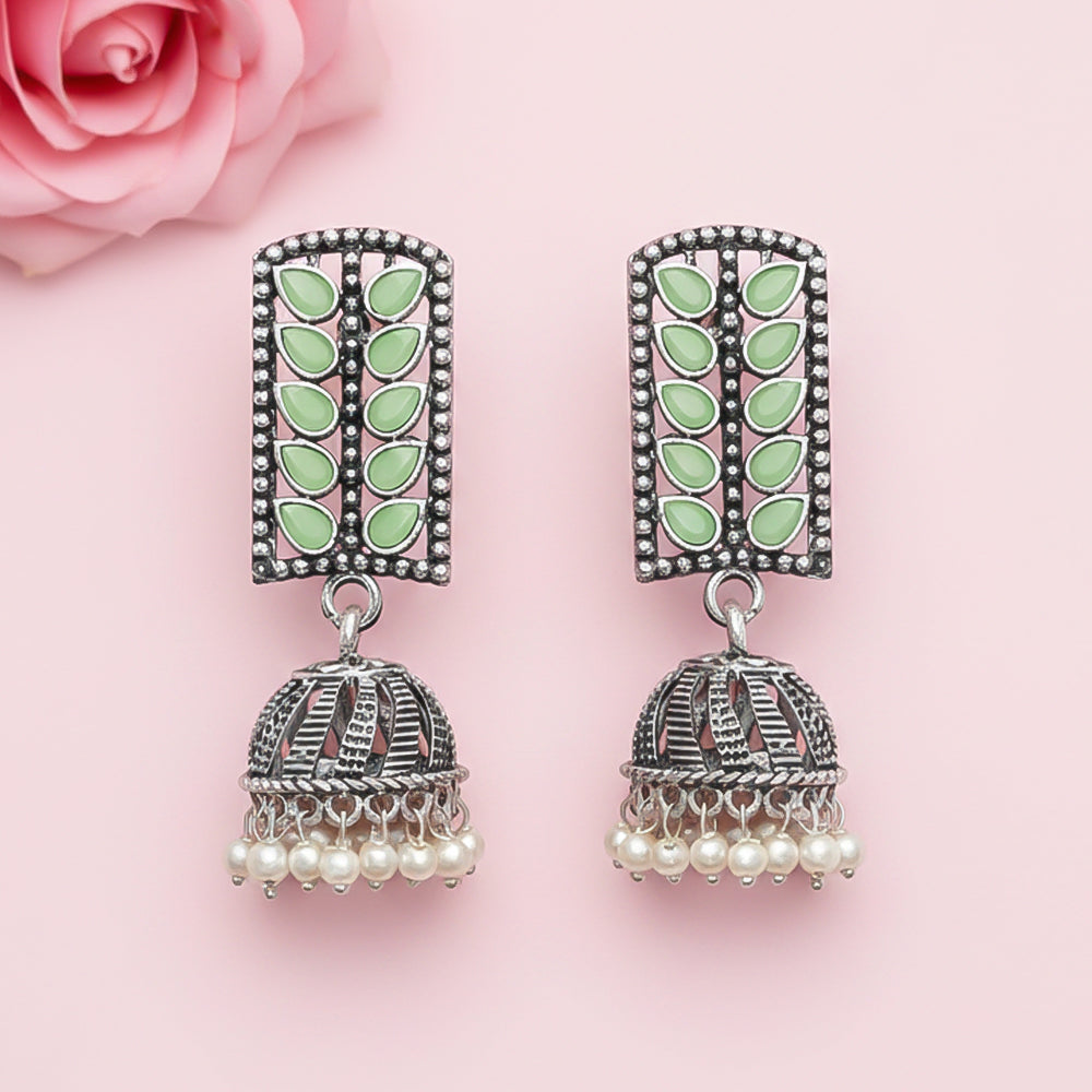 Regal leaffall stone studded jhumki earrings (Pista)