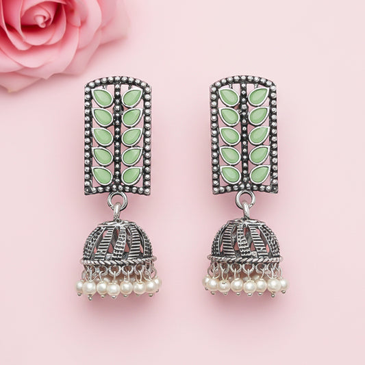 Regal leaffall stone studded jhumki earrings (Pista)