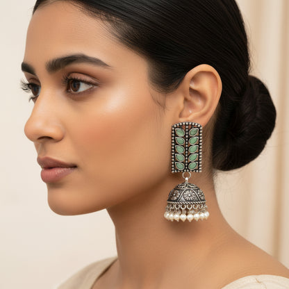 Regal leaffall stone studded jhumki earrings (Pista)