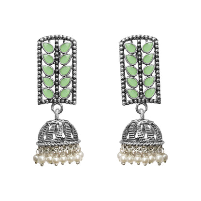 Regal leaffall stone studded jhumki earrings (Pista)