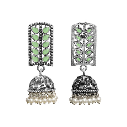 Regal leaffall stone studded jhumki earrings (Pista)