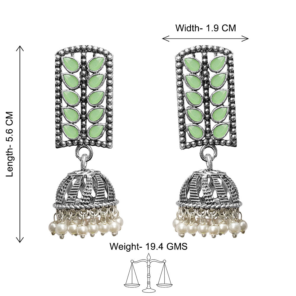 Regal leaffall stone studded jhumki earrings (Pista)