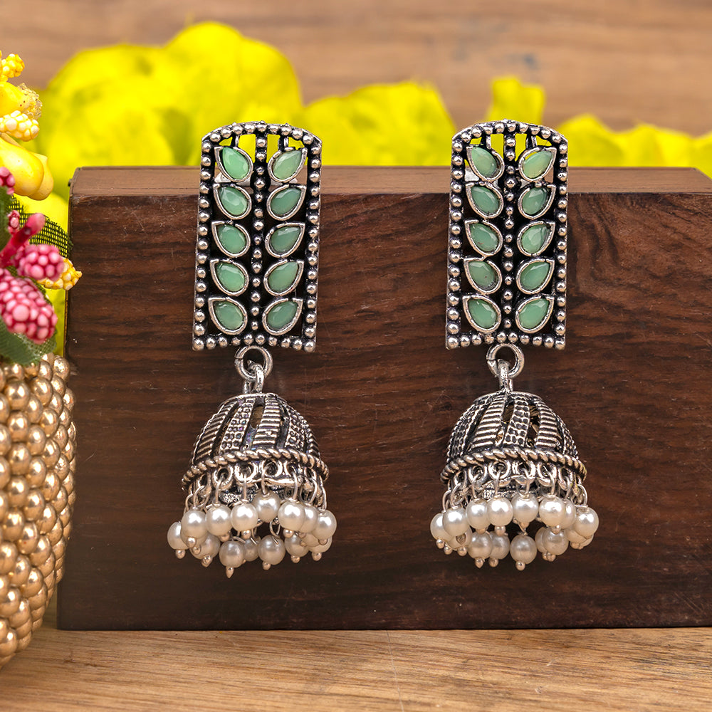 Regal leaffall stone studded jhumki earrings (Pista)