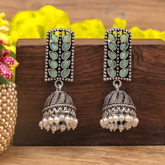 Regal leaffall stone studded jhumki earrings (Pista)