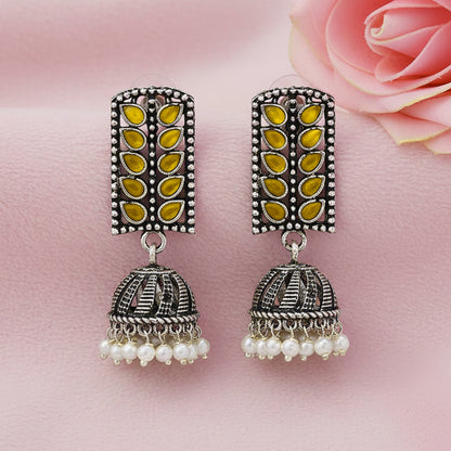 Regal leaffall stone studded jhumki earrings (Yellow)
