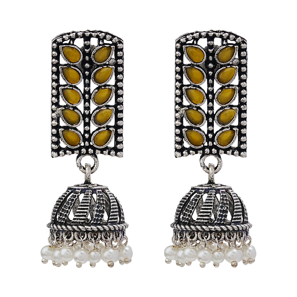 Regal leaffall stone studded jhumki earrings (Yellow)