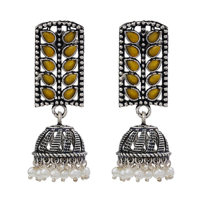 Regal leaffall stone studded jhumki earrings (Yellow)