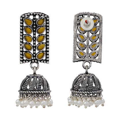 Regal leaffall stone studded jhumki earrings (Yellow)