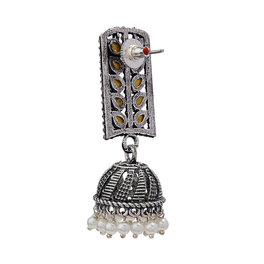 Regal leaffall stone studded jhumki earrings (Yellow)