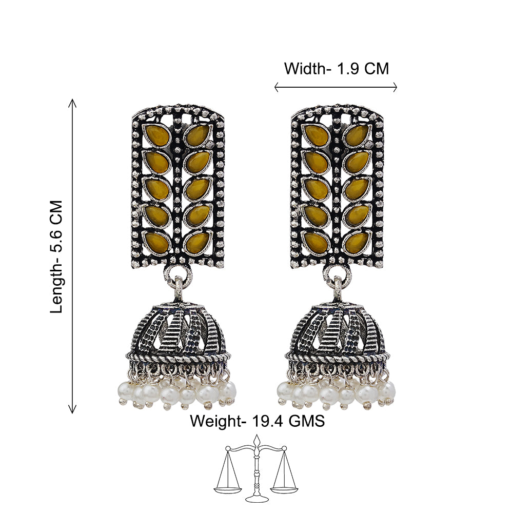 Regal leaffall stone studded jhumki earrings (Yellow)