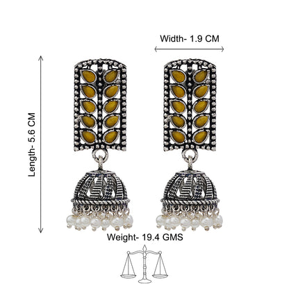 Regal leaffall stone studded jhumki earrings (Yellow)