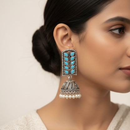 Regal leaffall stone studded jhumki earrings (Sky Blue)
