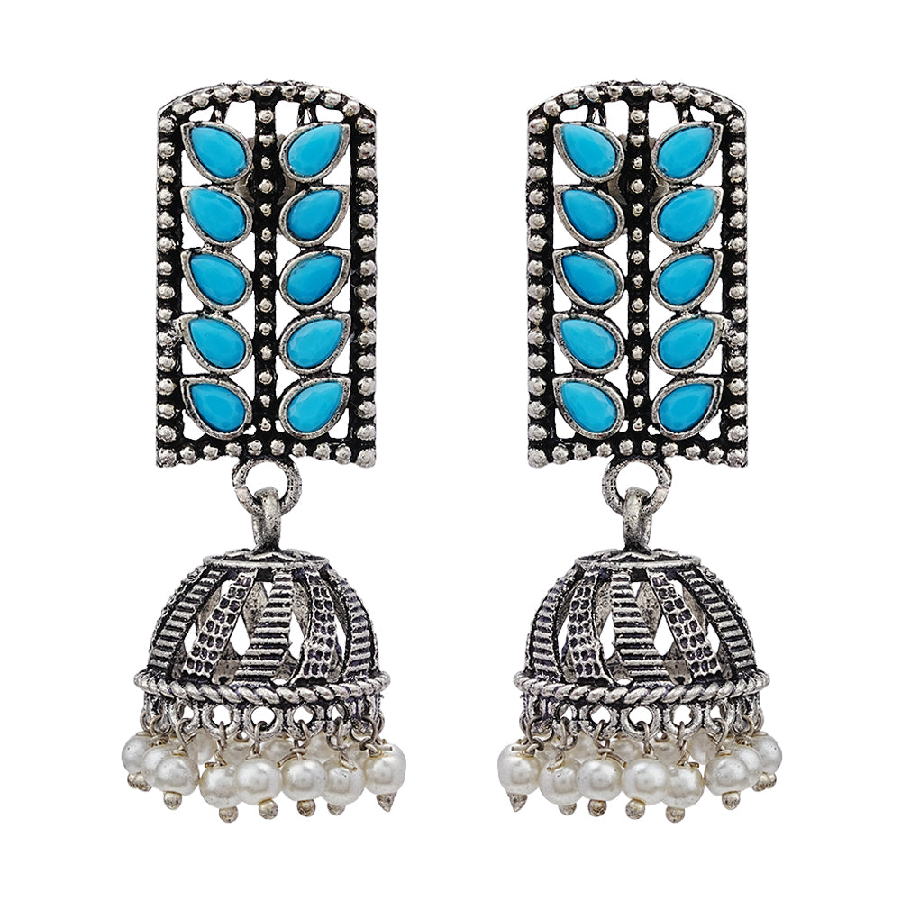 Regal leaffall stone studded jhumki earrings (Sky Blue)