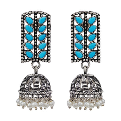 Regal leaffall stone studded jhumki earrings (Sky Blue)