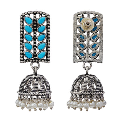 Regal leaffall stone studded jhumki earrings (Sky Blue)