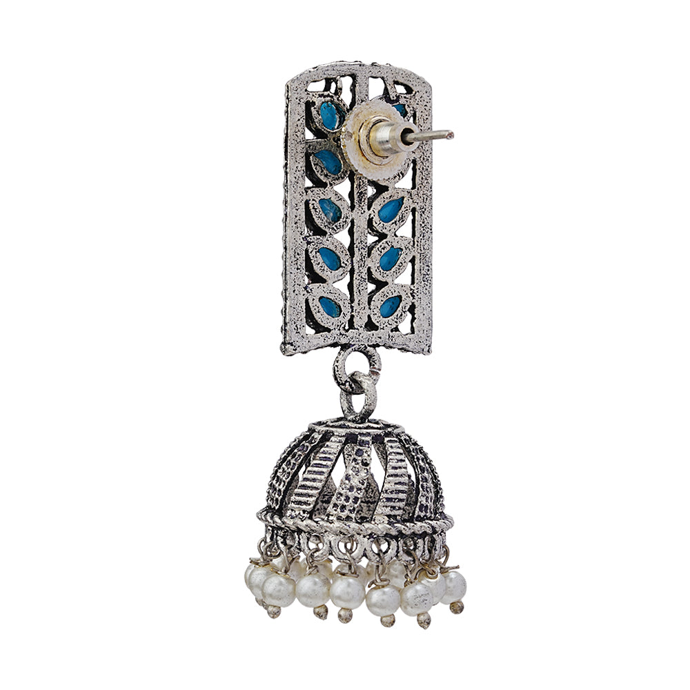 Regal leaffall stone studded jhumki earrings (Sky Blue)