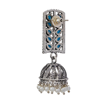 Regal leaffall stone studded jhumki earrings (Sky Blue)