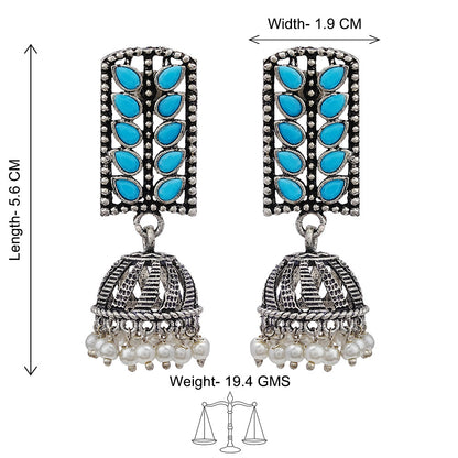 Regal leaffall stone studded jhumki earrings (Sky Blue)