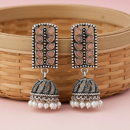 Regal leaffall stone studded jhumki earrings (Light Orange)