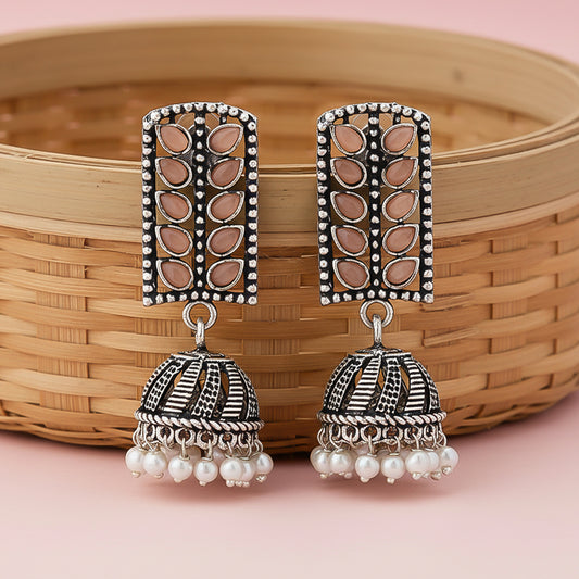 Regal leaffall stone studded jhumki earrings (Light Orange)