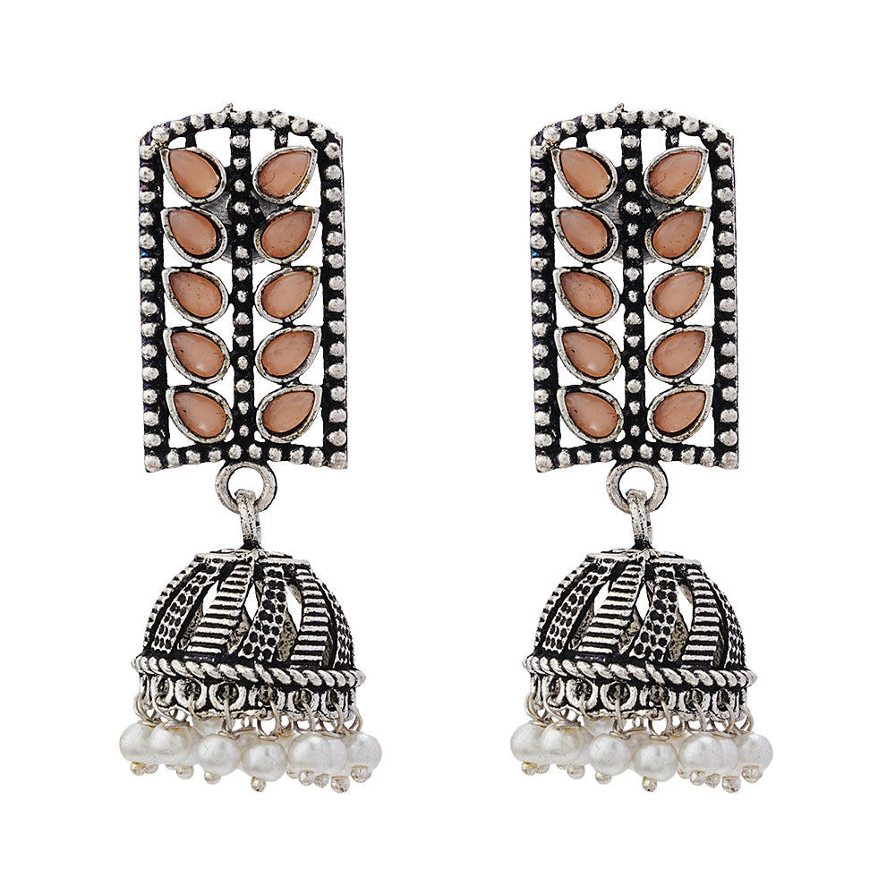 Regal leaffall stone studded jhumki earrings (Light Orange)