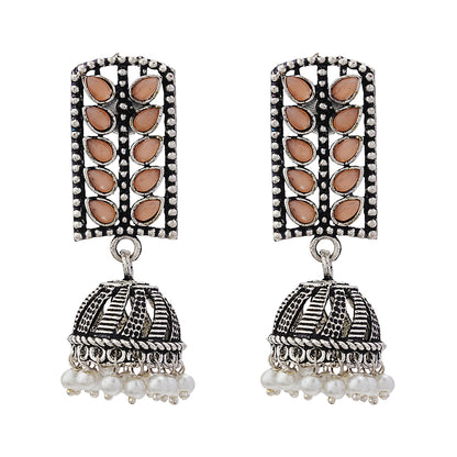 Regal leaffall stone studded jhumki earrings (Light Orange)