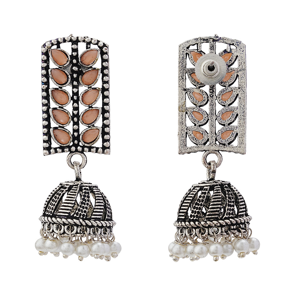 Regal leaffall stone studded jhumki earrings (Light Orange)