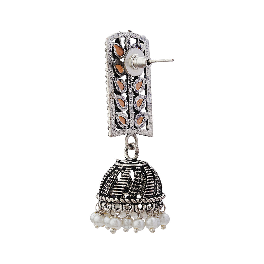 Regal leaffall stone studded jhumki earrings (Light Orange)