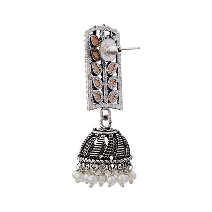 Regal leaffall stone studded jhumki earrings (Light Orange)