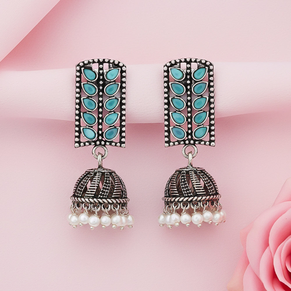Regal leaffall stone studded jhumki earrings (Mint)