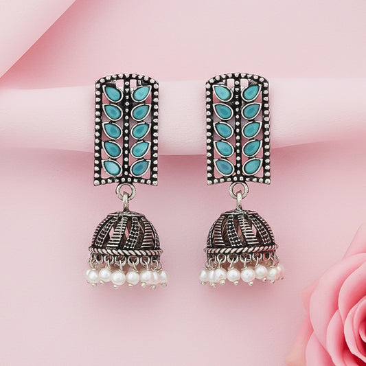 Regal leaffall stone studded jhumki earrings (Mint)