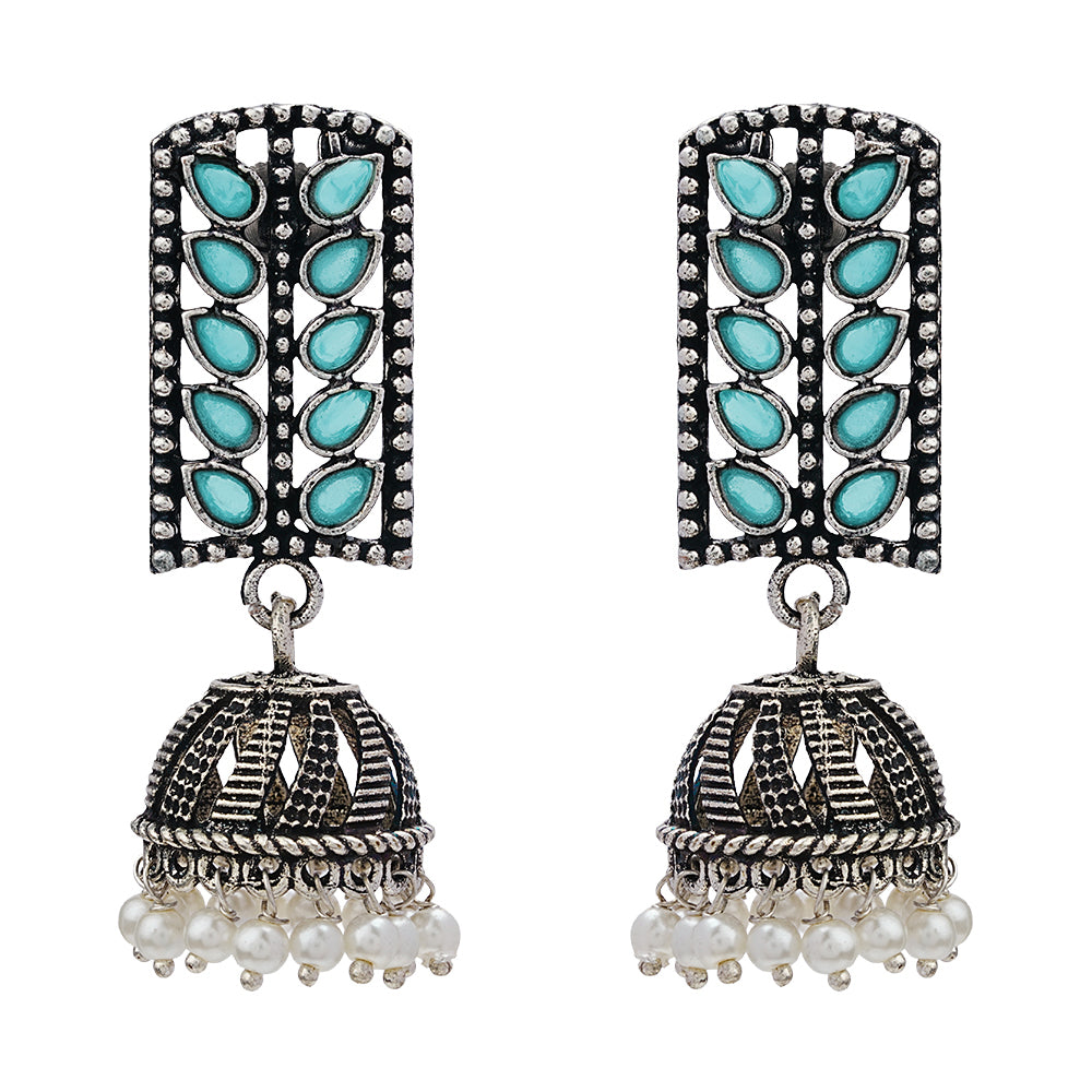 Regal leaffall stone studded jhumki earrings (Mint)