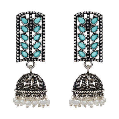 Regal leaffall stone studded jhumki earrings (Mint)