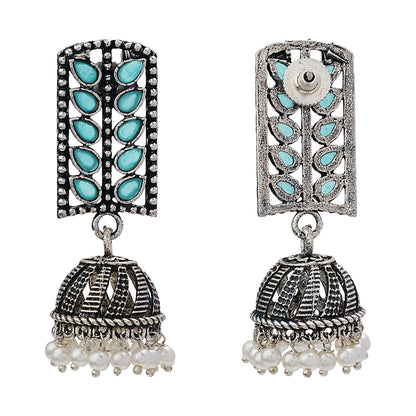 Regal leaffall stone studded jhumki earrings (Mint)