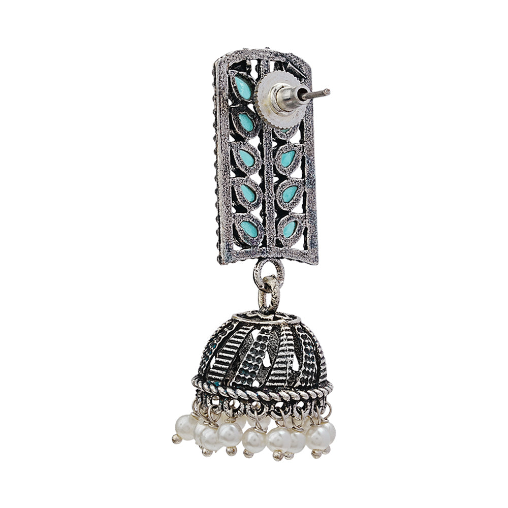 Regal leaffall stone studded jhumki earrings (Mint)