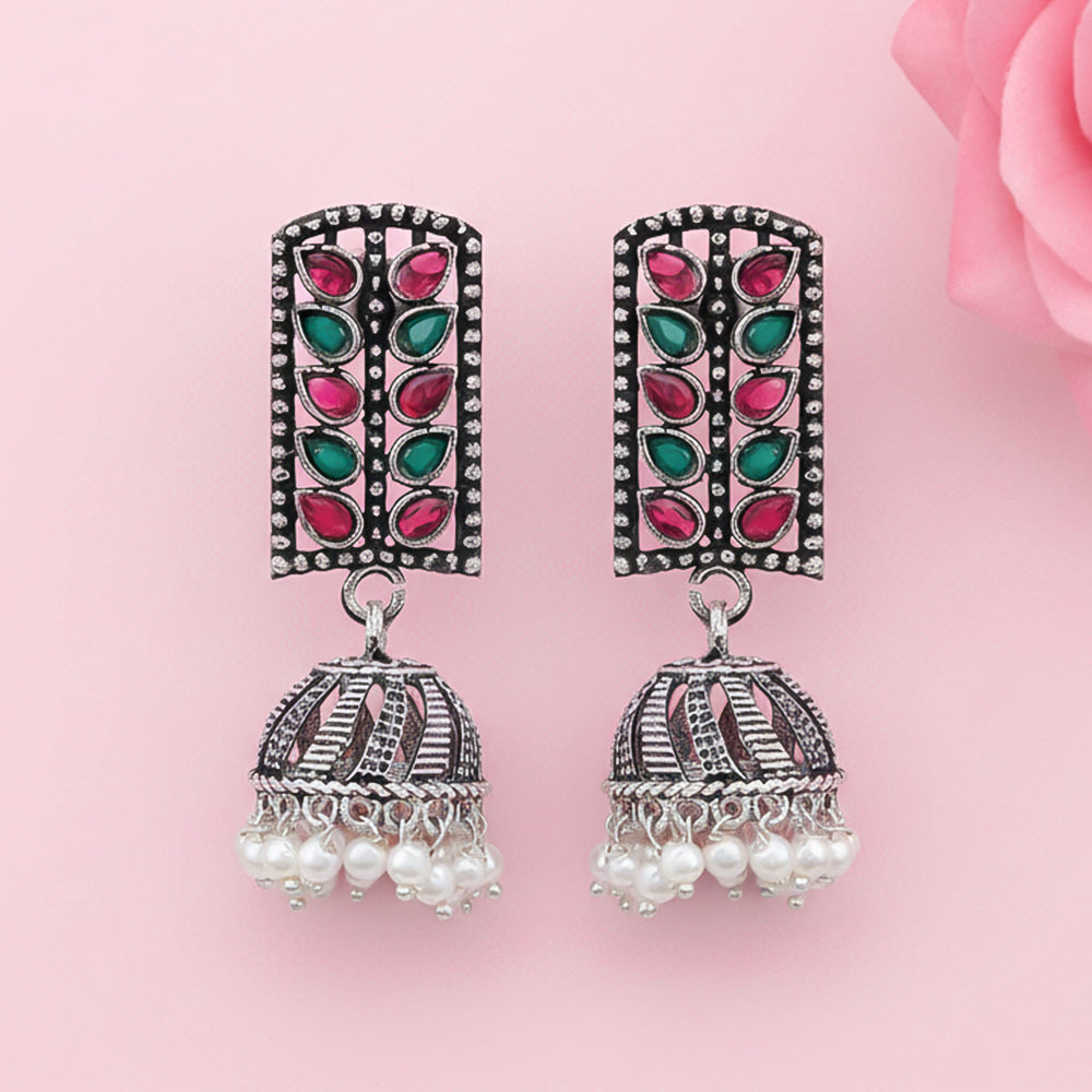 Regal leaffall stone studded jhumki earrings (Multicolored)