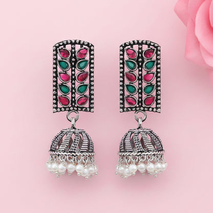 Regal leaffall stone studded jhumki earrings (Multicolored)