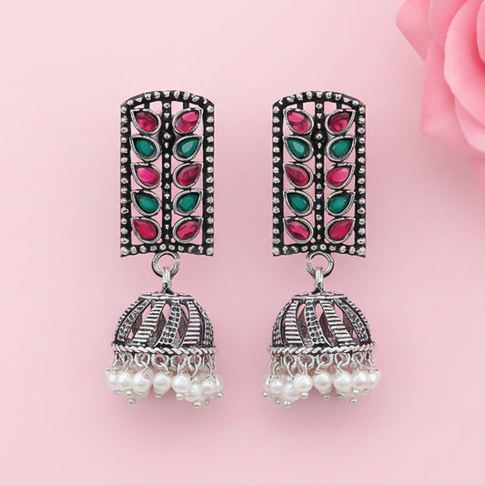 Regal leaffall stone studded jhumki earrings (Multicolored)