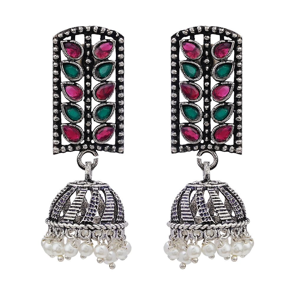 Regal leaffall stone studded jhumki earrings (Multicolored)