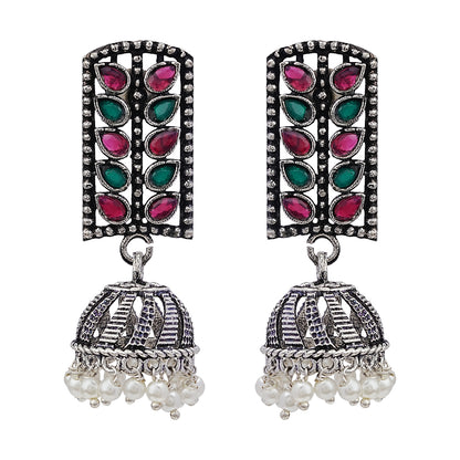 Regal leaffall stone studded jhumki earrings (Multicolored)