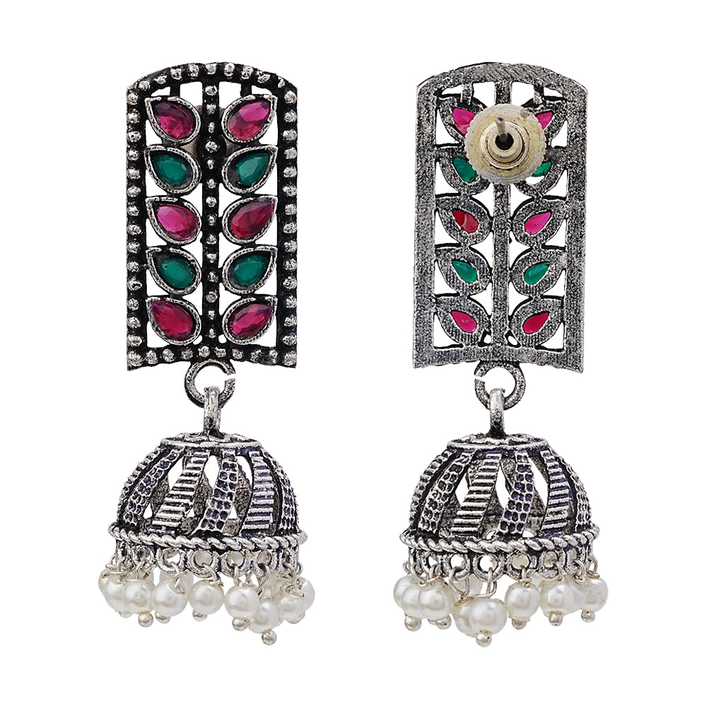 Regal leaffall stone studded jhumki earrings (Multicolored)