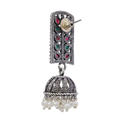 Regal leaffall stone studded jhumki earrings (Multicolored)