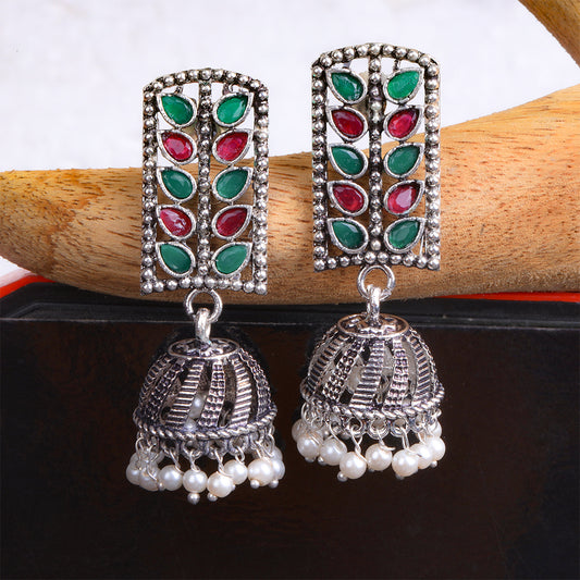 Regal leaffall stone studded jhumki earrings (Multicolored)