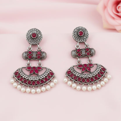 Pearl Cacade stone studded dangler earrings (Red)