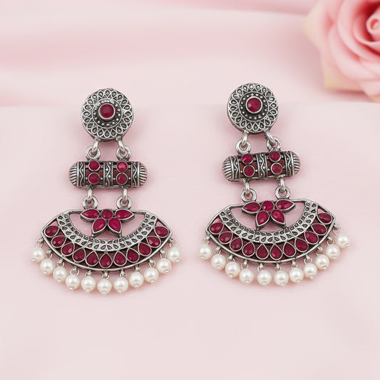 Pearl Cacade stone studded dangler earrings (Red)