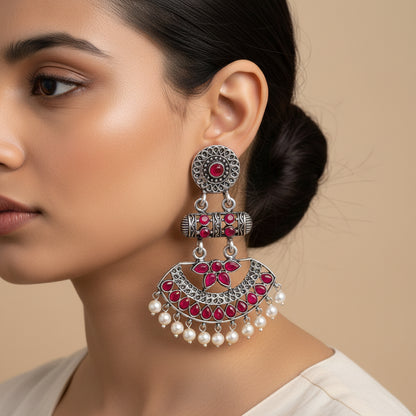Pearl Cacade stone studded dangler earrings (Red)