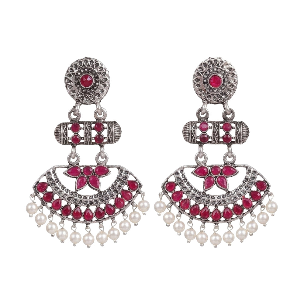 Pearl Cacade stone studded dangler earrings (Red)