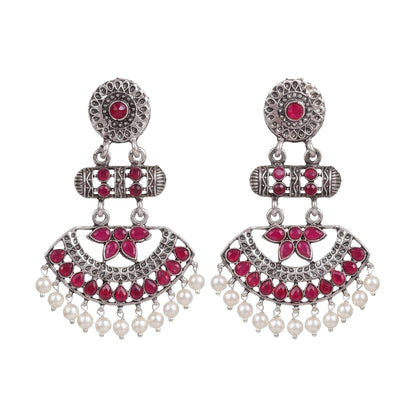 Pearl Cacade stone studded dangler earrings (Red)