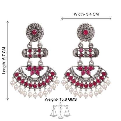 Pearl Cacade stone studded dangler earrings (Red)