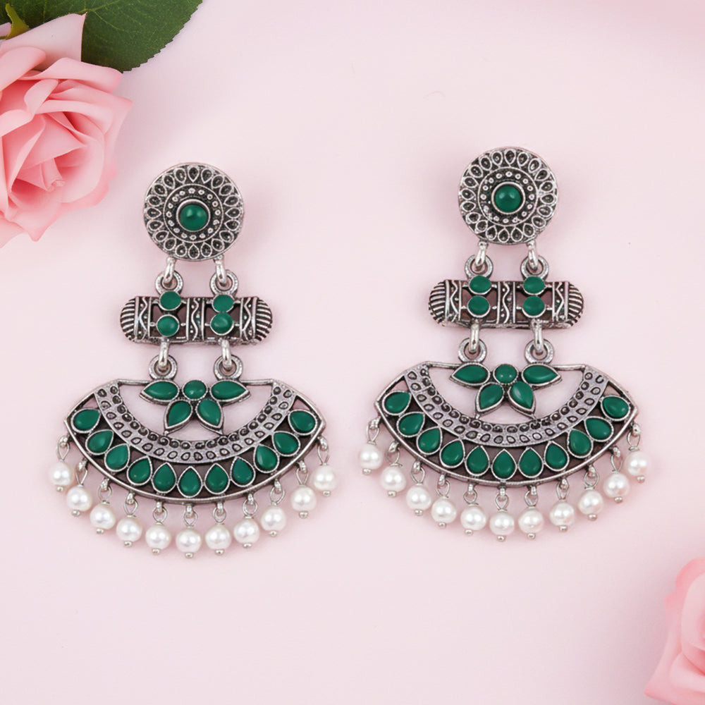 Pearl Cacade stone studded dangler earrings (Green)